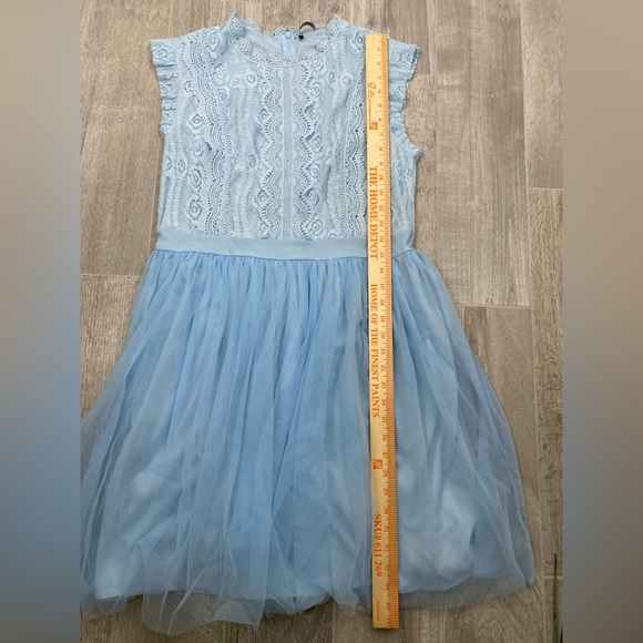 Simplee light blue sleeveless dress sheer lace bodice layered tulle skirt S/M - Picture 10 of 11